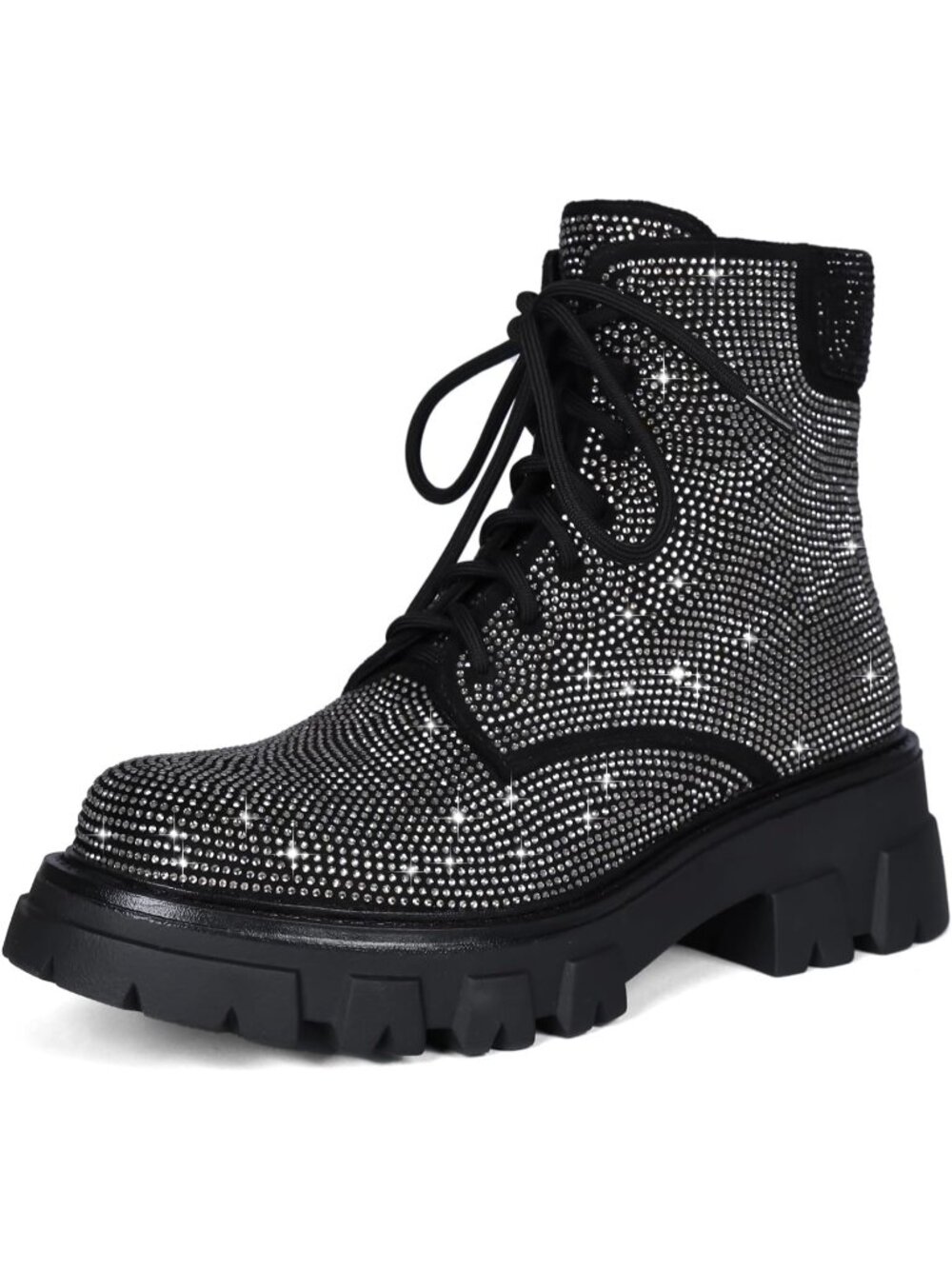 Women's Grey Rhinestone Combat Boot Chunky Heel Lace Up Ankle Boot Side Zipper